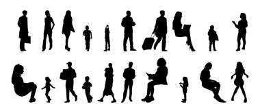 Vektör illüstrasyonu, insanların ana hatları, Contour çizimi, insanların silueti, ikon kümesi izole edilmiş, oturan insanların silueti, mimari set