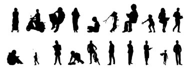 Vektör illüstrasyonu, insanların ana hatları, Contour çizimi, insanların silueti, ikon kümesi izole edilmiş, oturan insanların silueti, mimari set