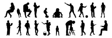 Vektör illüstrasyonu, insanların ana hatları, Contour çizimi, insanların silueti, ikon kümesi izole edilmiş, oturan insanların silueti, mimari set