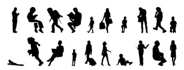 Vektör illüstrasyonu, insanların ana hatları, Contour çizimi, insanların silueti, ikon kümesi izole edilmiş, oturan insanların silueti, mimari set