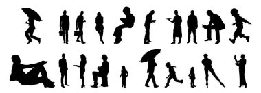 Vektör illüstrasyonu, insanların ana hatları, Contour çizimi, insanların silueti, ikon kümesi izole edilmiş, oturan insanların silueti, mimari set