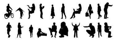 Vektör illüstrasyonu, insanların ana hatları, Contour çizimi, insanların silueti, ikon kümesi izole edilmiş, oturan insanların silueti, mimari set