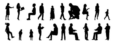 Vektör illüstrasyonu, insanların ana hatları, Contour çizimi, insanların silueti, ikon kümesi izole edilmiş, oturan insanların silueti, mimari set