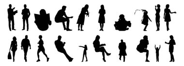 Vektör illüstrasyonu, insanların ana hatları, Contour çizimi, insanların silueti, ikon kümesi izole edilmiş, oturan insanların silueti, mimari set