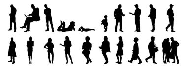 Vektör illüstrasyonu, insanların ana hatları, Contour çizimi, insanların silueti, ikon kümesi izole edilmiş, oturan insanların silueti, mimari set