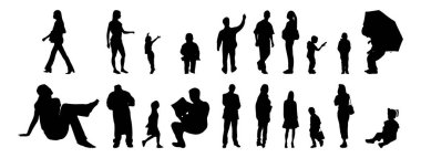 Vektör illüstrasyonu, insanların ana hatları, Contour çizimi, insanların silueti, ikon kümesi izole edilmiş, oturan insanların silueti, mimari set