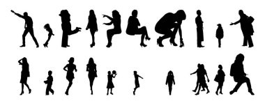 Vektör illüstrasyonu, insanların ana hatları, Contour çizimi, insanların silueti, ikon kümesi izole edilmiş, oturan insanların silueti, mimari set