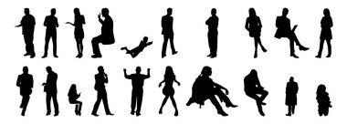 Vektör illüstrasyonu, insanların ana hatları, Contour çizimi, insanların silueti, ikon kümesi izole edilmiş, oturan insanların silueti, mimari set