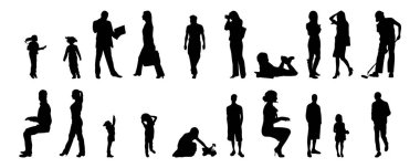 Vektör illüstrasyonu, insanların ana hatları, Contour çizimi, insanların silueti, ikon kümesi izole edilmiş, oturan insanların silueti, mimari set