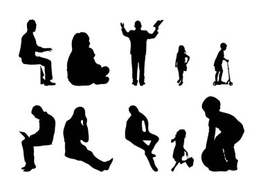 Vektör siluetleri, insanların ana hatları, Contour çizimleri, insanların siluetleri, ikon kümesi izole edilmiş, oturan insanların silueti, mimari set