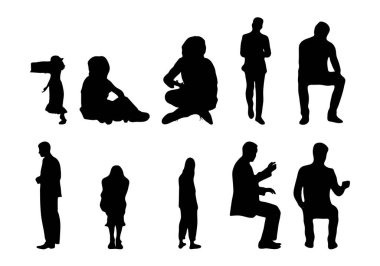 Vektör siluetleri, insanların ana hatları, Contour çizimleri, insanların siluetleri, ikon kümesi izole edilmiş, oturan insanların silueti, mimari set