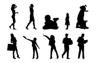 Vektör siluetleri, insanların ana hatları, Contour çizimleri, insanların siluetleri, ikon kümesi izole edilmiş, oturan insanların silueti, mimari set