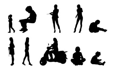 Vektör siluetleri, insanların ana hatları, Contour çizimleri, insanların siluetleri, ikon kümesi izole edilmiş, oturan insanların silueti, mimari set