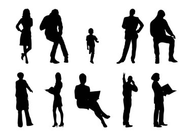 Vektör siluetleri, insanların ana hatları, Contour çizimleri, insanların siluetleri, ikon kümesi izole edilmiş, oturan insanların silueti, mimari set