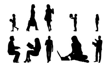 Vektör siluetleri, insanların ana hatları, Contour çizimleri, insanların siluetleri, ikon kümesi izole edilmiş, oturan insanların silueti, mimari set