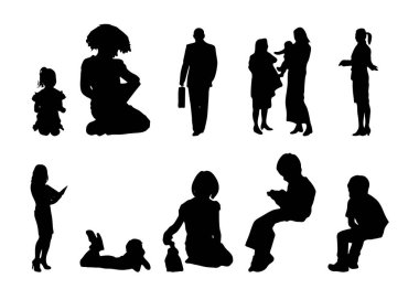 Vektör siluetleri, insanların ana hatları, Contour çizimleri, insanların siluetleri, ikon kümesi izole edilmiş, oturan insanların silueti, mimari set