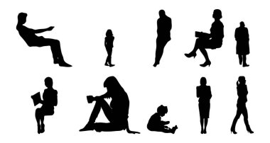 Vektör siluetleri, insanların ana hatları, Contour çizimleri, insanların siluetleri, ikon kümesi izole edilmiş, oturan insanların silueti, mimari set