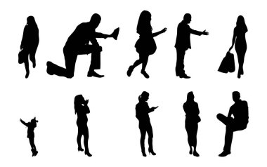 Vektör siluetleri, insanların ana hatları, Contour çizimleri, insanların siluetleri, ikon kümesi izole edilmiş, oturan insanların silueti, mimari set