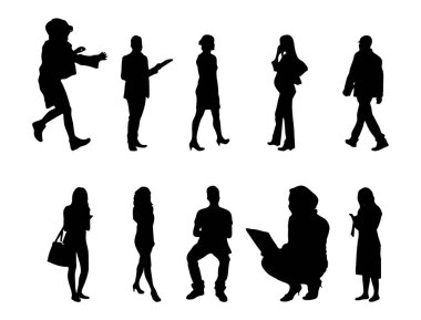 Vektör siluetleri, insanların ana hatları, Contour çizimleri, insanların siluetleri, ikon kümesi izole edilmiş, oturan insanların silueti, mimari set