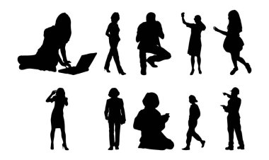 Vektör siluetleri, insanların ana hatları, Contour çizimleri, insanların siluetleri, ikon kümesi izole edilmiş, oturan insanların silueti, mimari set