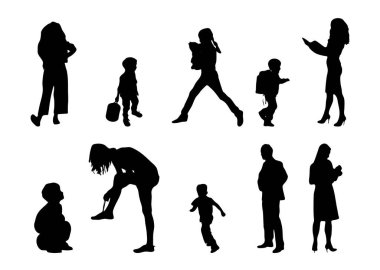 Vektör siluetleri, insanların ana hatları, Contour çizimleri, insanların siluetleri, ikon kümesi izole edilmiş, oturan insanların silueti, mimari set