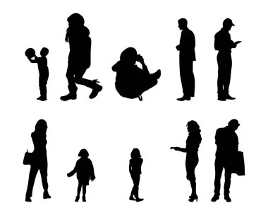 Vektör siluetleri, insanların ana hatları, Contour çizimleri, insanların siluetleri, ikon kümesi izole edilmiş, oturan insanların silueti, mimari set
