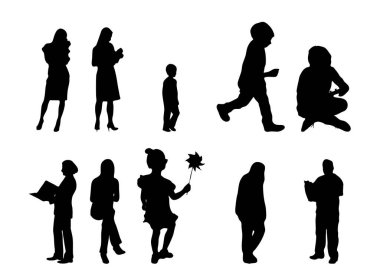 Vektör siluetleri, insanların ana hatları, Contour çizimleri, insanların siluetleri, ikon kümesi izole edilmiş, oturan insanların silueti, mimari set