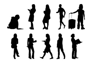 Vektör siluetleri, insanların ana hatları, Contour çizimleri, insanların siluetleri, ikon kümesi izole edilmiş, oturan insanların silueti, mimari set