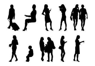 Vektör siluetleri, insanların ana hatları, Contour çizimleri, insanların siluetleri, ikon kümesi izole edilmiş, oturan insanların silueti, mimari set