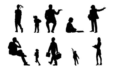 Vektör siluetleri, insanların ana hatları, Contour çizimleri, insanların siluetleri, ikon kümesi izole edilmiş, oturan insanların silueti, mimari set