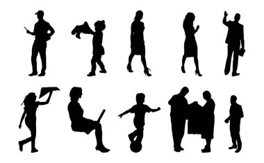 Vektör siluetleri, insanların ana hatları, Contour çizimleri, insanların siluetleri, ikon kümesi izole edilmiş, oturan insanların silueti, mimari set