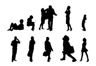 Vektör siluetleri, insanların ana hatları, Contour çizimleri, insanların siluetleri, ikon kümesi izole edilmiş, oturan insanların silueti, mimari set