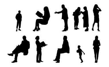 Vektör siluetleri, insanların ana hatları, Contour çizimleri, insanların siluetleri, ikon kümesi izole edilmiş, oturan insanların silueti, mimari set