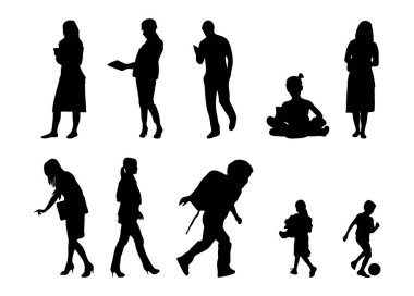 Vektör siluetleri, insanların ana hatları, Contour çizimleri, insanların siluetleri, ikon kümesi izole edilmiş, oturan insanların silueti, mimari set