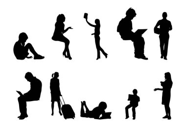 Vektör siluetleri, insanların ana hatları, Contour çizimleri, insanların siluetleri, ikon kümesi izole edilmiş, oturan insanların silueti, mimari set