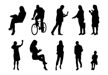Vektör siluetleri, insanların ana hatları, Contour çizimleri, insanların siluetleri, ikon kümesi izole edilmiş, oturan insanların silueti, mimari set