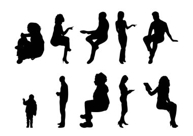 Vektör siluetleri, insanların ana hatları, Contour çizimleri, insanların siluetleri, ikon kümesi izole edilmiş, oturan insanların silueti, mimari set