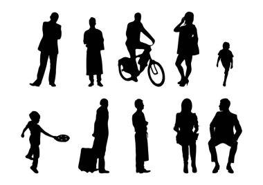 Vektör siluetleri, insanların ana hatları, Contour çizimleri, insanların siluetleri, ikon kümesi izole edilmiş, oturan insanların silueti, mimari set