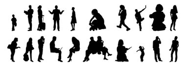 Vektör siluetleri, insanların ana hatları, Contour çizimleri, insanların siluetleri, ikon kümesi izole edilmiş, oturan insanların silueti, mimari set