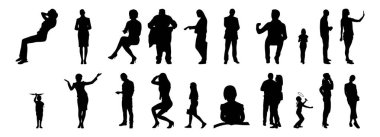 Vektör siluetleri, insanların ana hatları, Contour çizimleri, insanların siluetleri, ikon kümesi izole edilmiş, oturan insanların silueti, mimari set