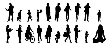 Vektör siluetleri, insanların ana hatları, Contour çizimleri, insanların siluetleri, ikon kümesi izole edilmiş, oturan insanların silueti, mimari set