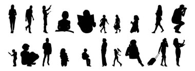 Vektör siluetleri, insanların ana hatları, Contour çizimleri, insanların siluetleri, ikon kümesi izole edilmiş, oturan insanların silueti, mimari set