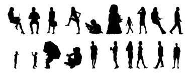 Vektör siluetleri, insanların ana hatları, Contour çizimleri, insanların siluetleri, ikon kümesi izole edilmiş, oturan insanların silueti, mimari set