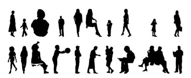 Vektör siluetleri, insanların ana hatları, Contour çizimleri, insanların siluetleri, ikon kümesi izole edilmiş, oturan insanların silueti, mimari set
