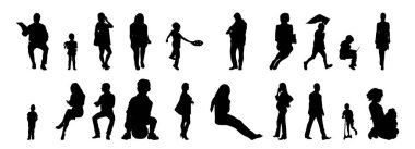 Vektör siluetleri, insanların ana hatları, Contour çizimleri, insanların siluetleri, ikon kümesi izole edilmiş, oturan insanların silueti, mimari set