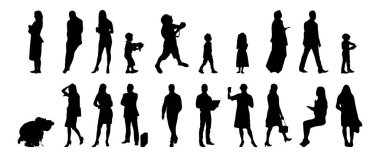 Vektör siluetleri, insanların ana hatları, Contour çizimleri, insanların siluetleri, ikon kümesi izole edilmiş, oturan insanların silueti, mimari set