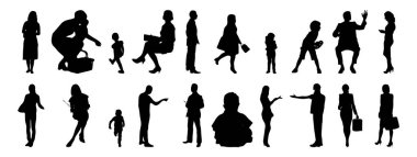 Vektör siluetleri, insanların ana hatları, Contour çizimleri, insanların siluetleri, ikon kümesi izole edilmiş, oturan insanların silueti, mimari set