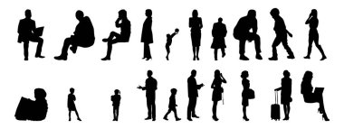 Vektör siluetleri, insanların ana hatları, Contour çizimleri, insanların siluetleri, ikon kümesi izole edilmiş, oturan insanların silueti, mimari set