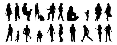 Vektör siluetleri, insanların ana hatları, Contour çizimleri, insanların siluetleri, ikon kümesi izole edilmiş, oturan insanların silueti, mimari set
