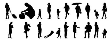 Vektör siluetleri, insanların ana hatları, Contour çizimleri, insanların siluetleri, ikon kümesi izole edilmiş, oturan insanların silueti, mimari set
